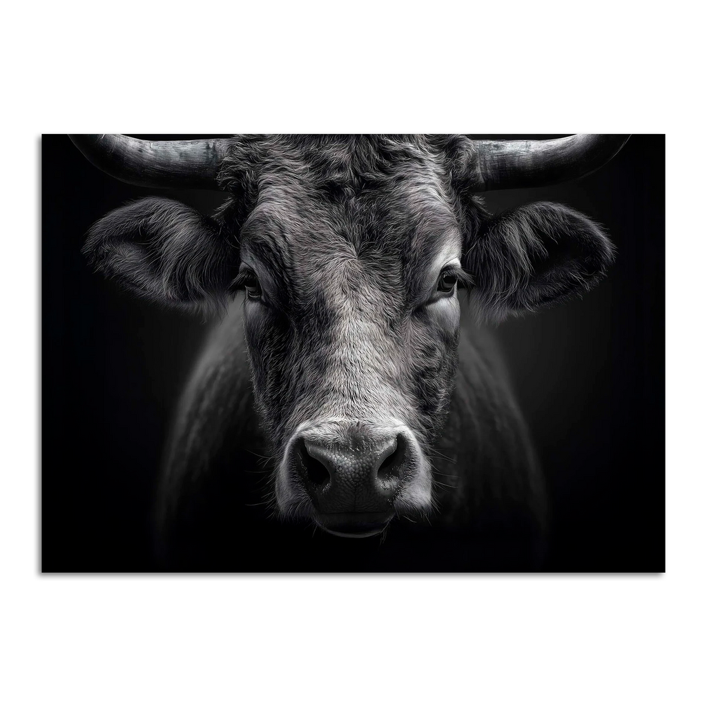 Limited Alpine Animal Posters – 70×100 cm featuring a striking black and white portrait of a cow.