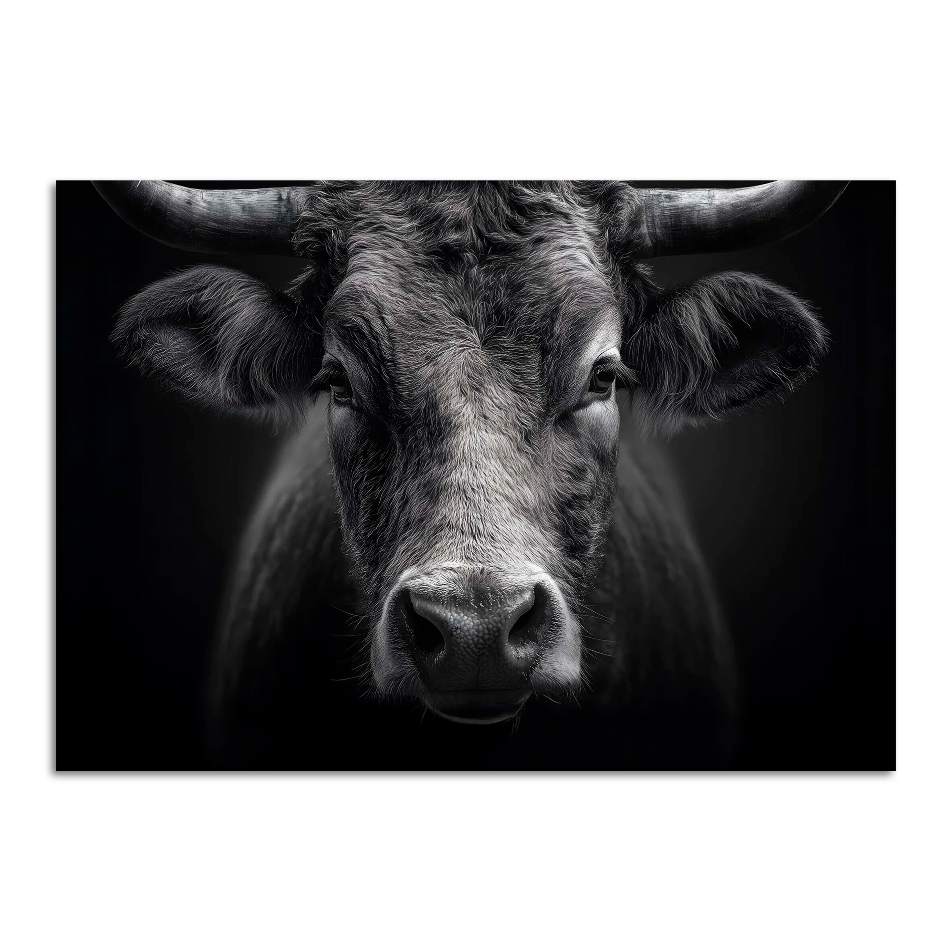 Limited Alpine Animal Posters – 70×100 cm featuring a striking black and white portrait of a cow.