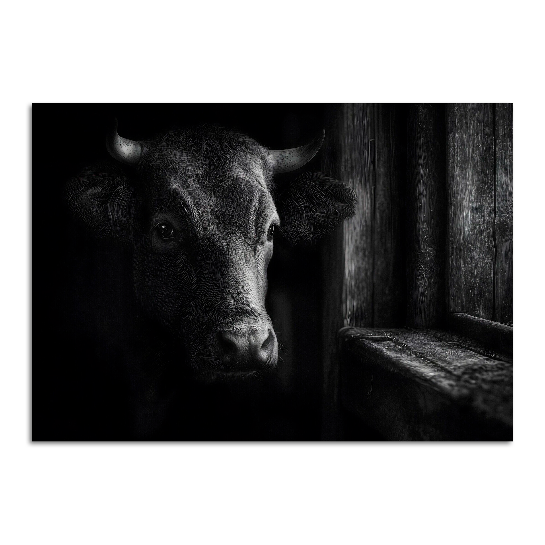 Limited Alpine Animal Posters – 70×100 cm featuring a striking black and white portrait of a cow.