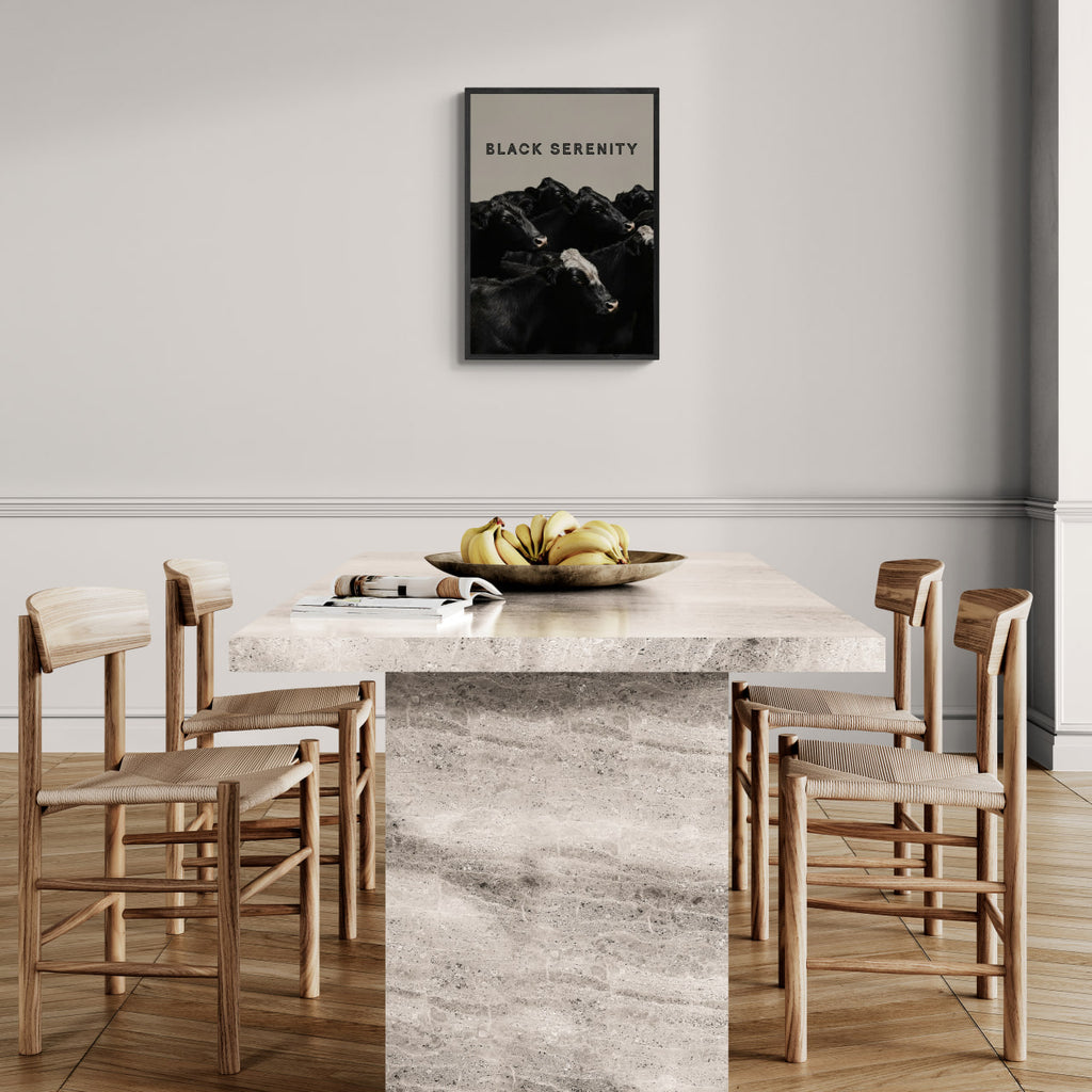 Black Serenity - Poster displayed above a modern dining table in a minimalist interior, showcasing wall art elegance.