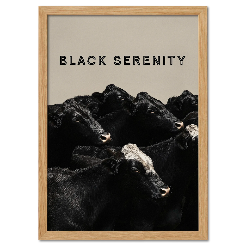 Black Serenity - Poster featuring black cows in a calm, minimal composition with a neutral background.
