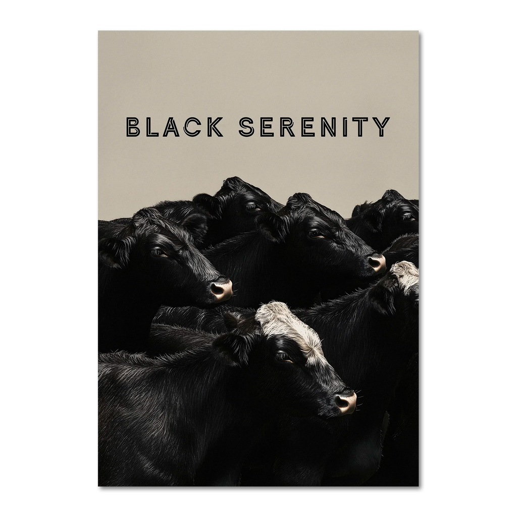 Black Serenity - Poster featuring a calm group of black cows on a neutral background, creating a modern minimalist art aesthetic.