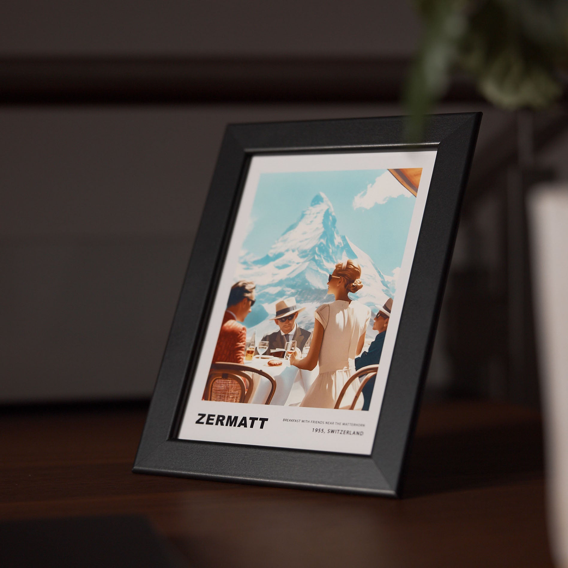 Breakfast in Zermatt – Édition Petite framed print featuring a scenic view of Zermatt and people enjoying a moment.