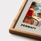Breakfast in Zermatt - Poster featuring a stylish breakfast scene with Zermatt's mountains in the background.