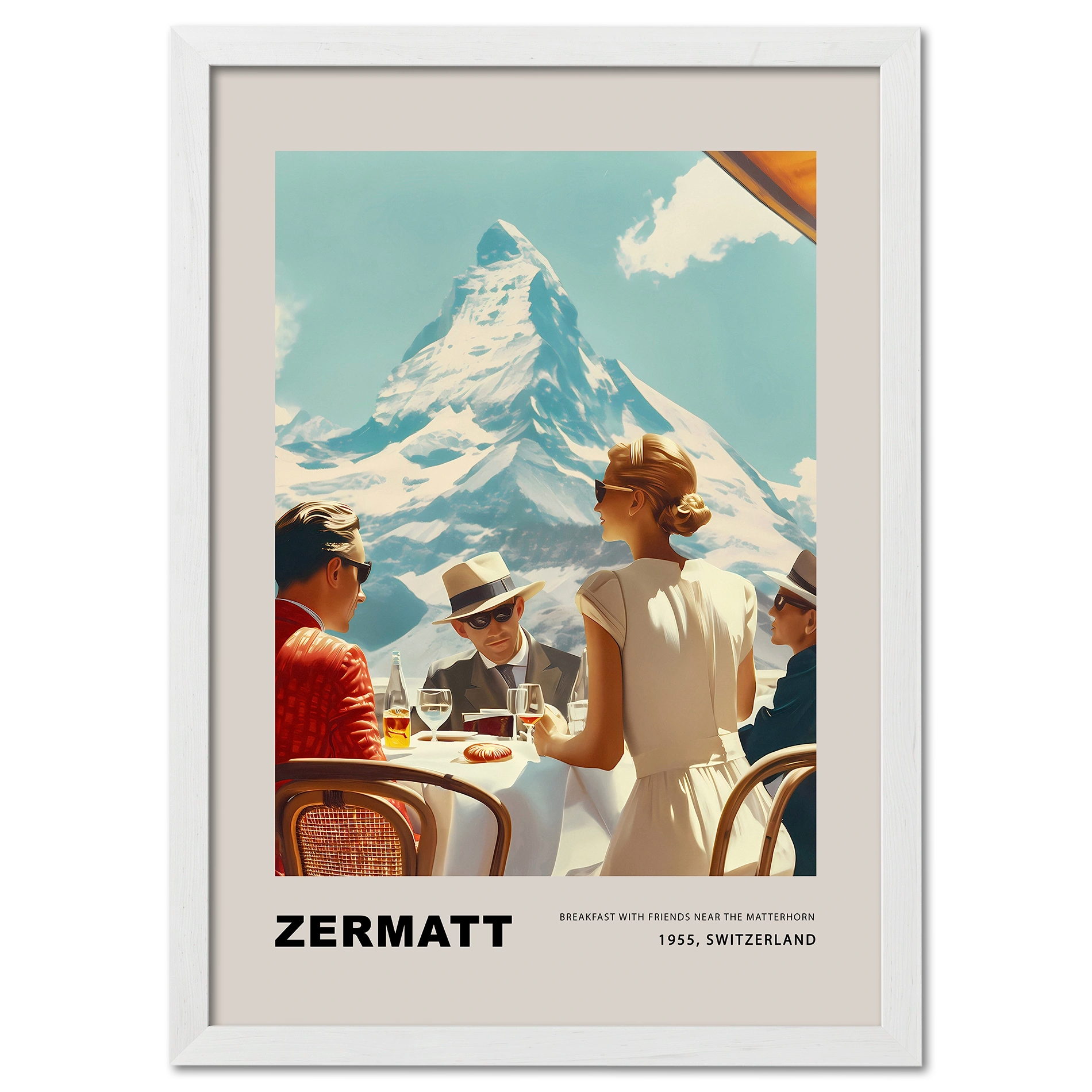 Breakfast in Zermatt - Poster featuring friends enjoying breakfast with the Matterhorn in the background.