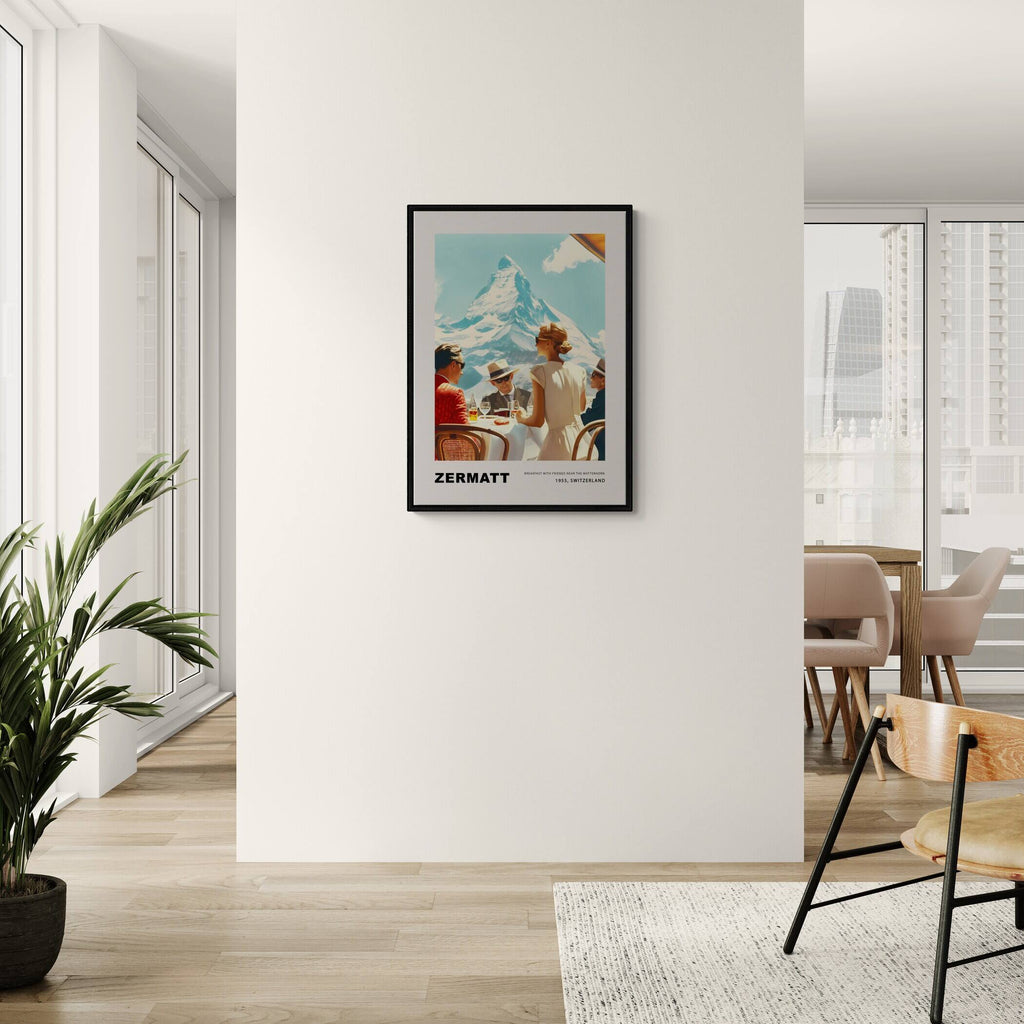 Breakfast in Zermatt - Poster featuring a serene morning scene with the Matterhorn and friends enjoying breakfast.