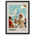Breakfast in Zermatt - Poster featuring friends dining with the Matterhorn in the background, evoking a retro alpine vibe.