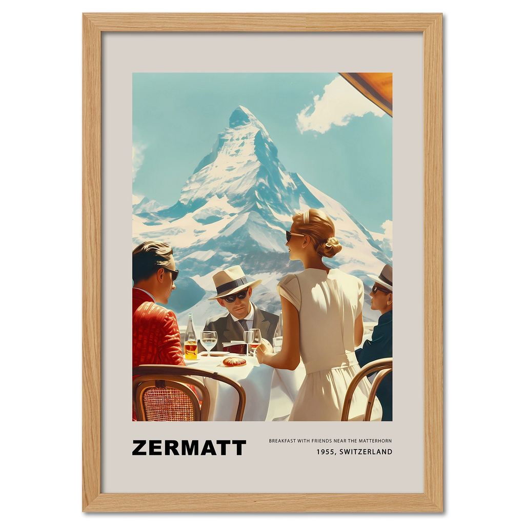 Breakfast in Zermatt - Poster featuring friends having breakfast with the Matterhorn in the background.