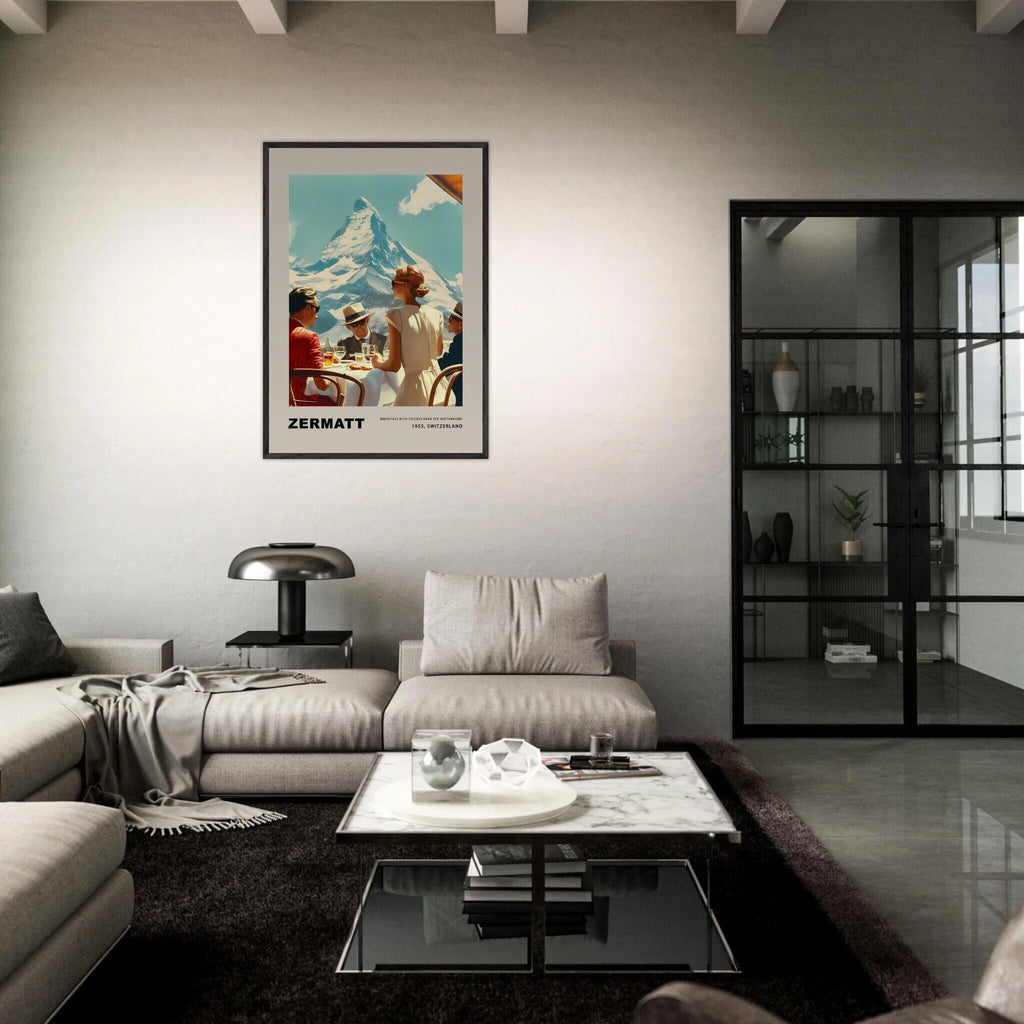 Breakfast in Zermatt - Poster displayed in a modern living room, showcasing a serene morning scene with Matterhorn.