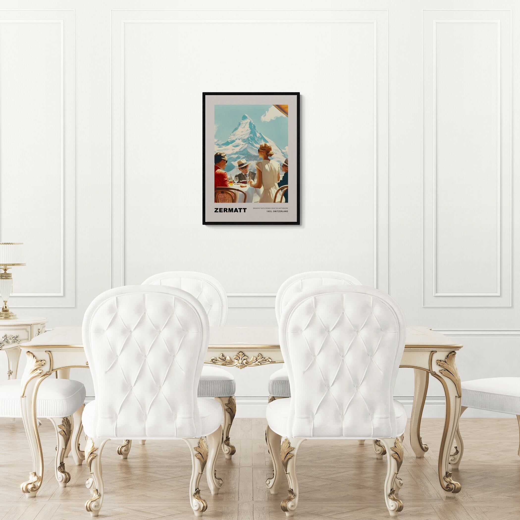 Breakfast in Zermatt - Poster on wall in elegant dining room with white chairs.