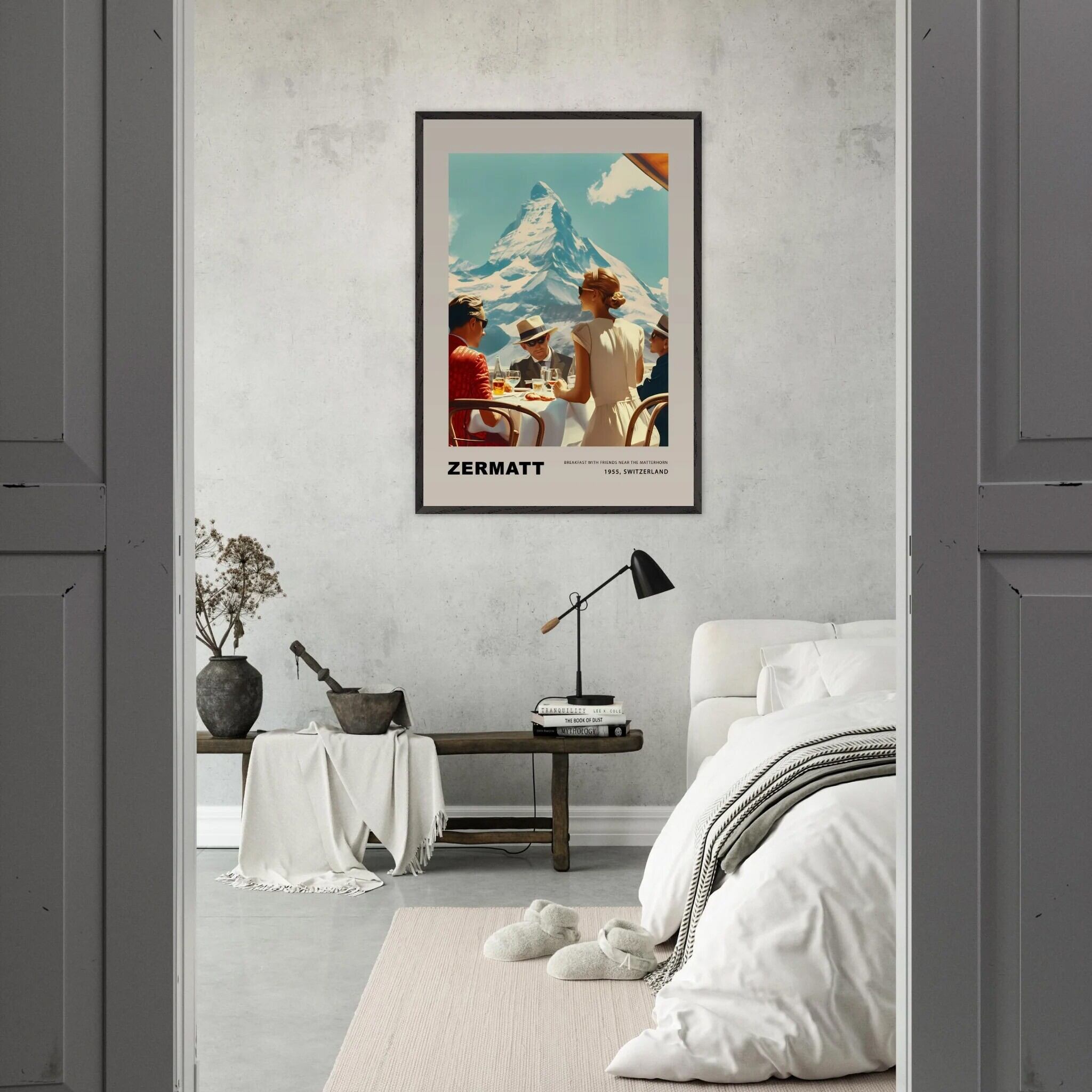 Breakfast in Zermatt - Poster showing a calm morning scene with the Matterhorn in the background.