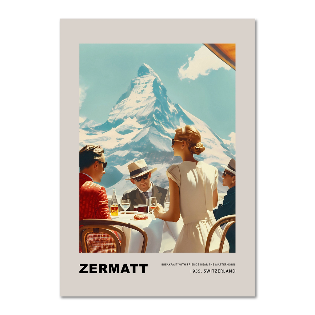 Breakfast in Zermatt - Poster featuring a serene morning with friends and the Matterhorn in the background.