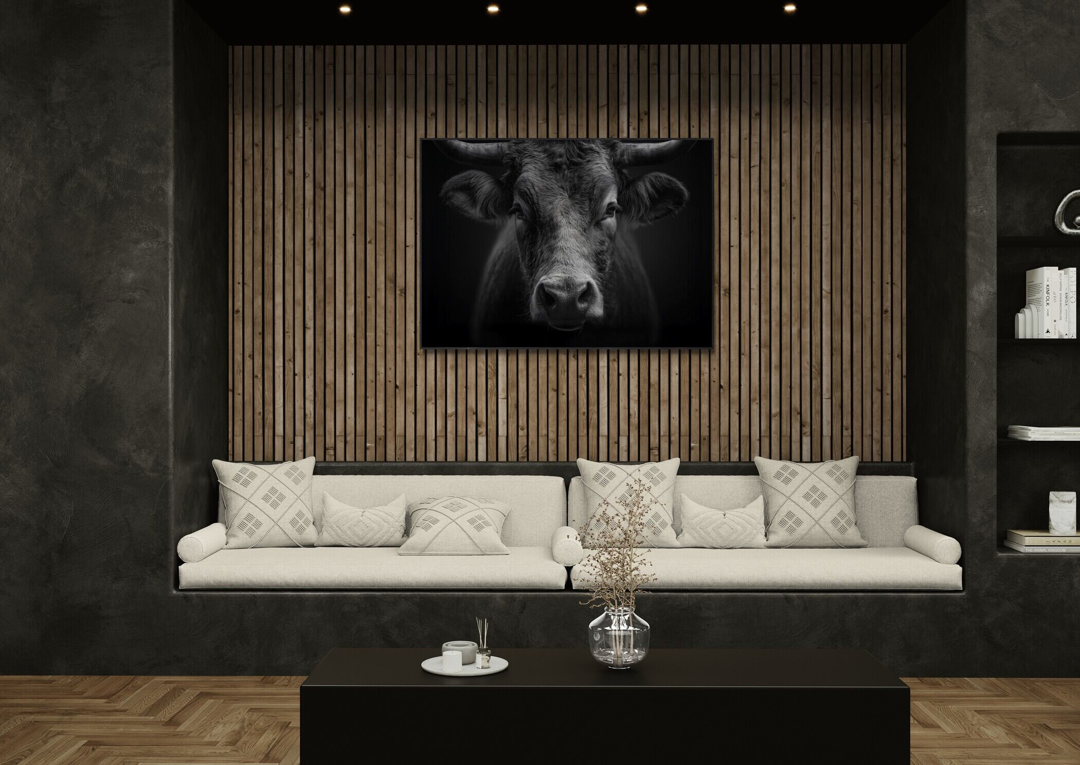 Presence of a bull - Alu-Dibond wall art displayed in a modern living room with elegant decor.