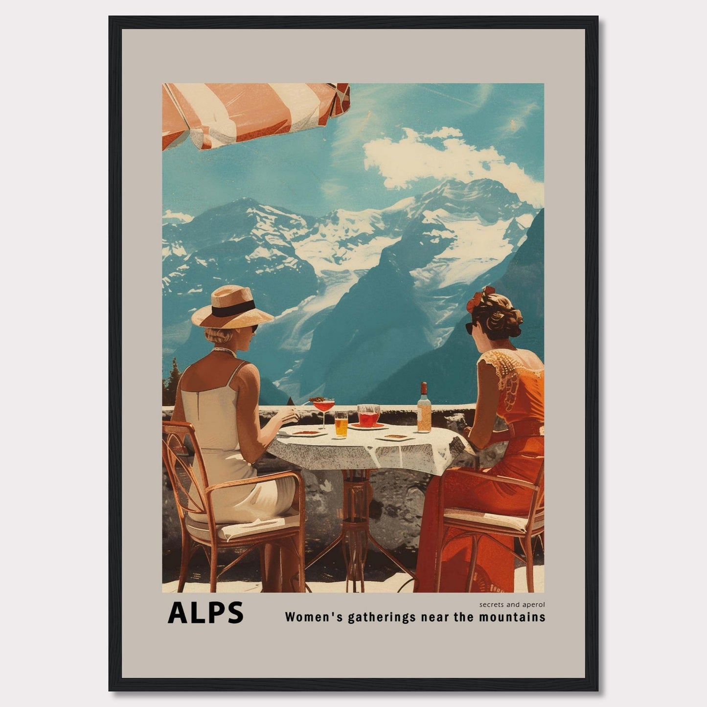 A beautiful vintage-style poster depicting two women enjoying a drink at a table with a stunning view of the Alps mountains in the background.