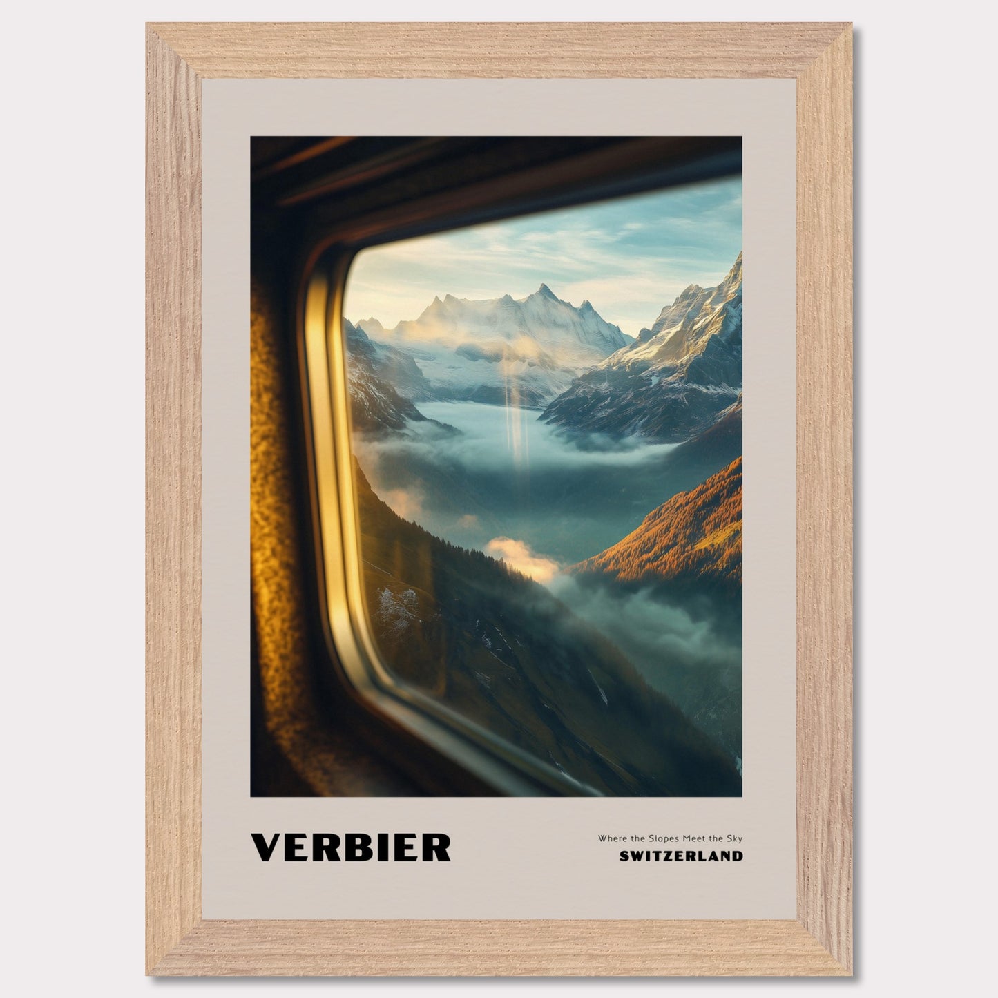 This poster showcases a mesmerizing view of the high-altitude slopes of Verbier, where mountain peaks seem to touch the sky. Thick mist covers the valleys below, creating a sense of mystery, while beams of sunlight break through the clouds, adding warmth and harmony to the scene.