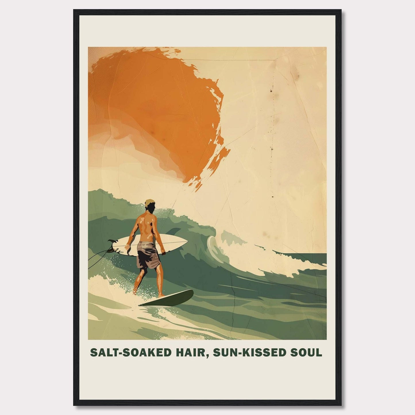 This vibrant poster showcases a surfer riding a wave with the sun setting in the background. 