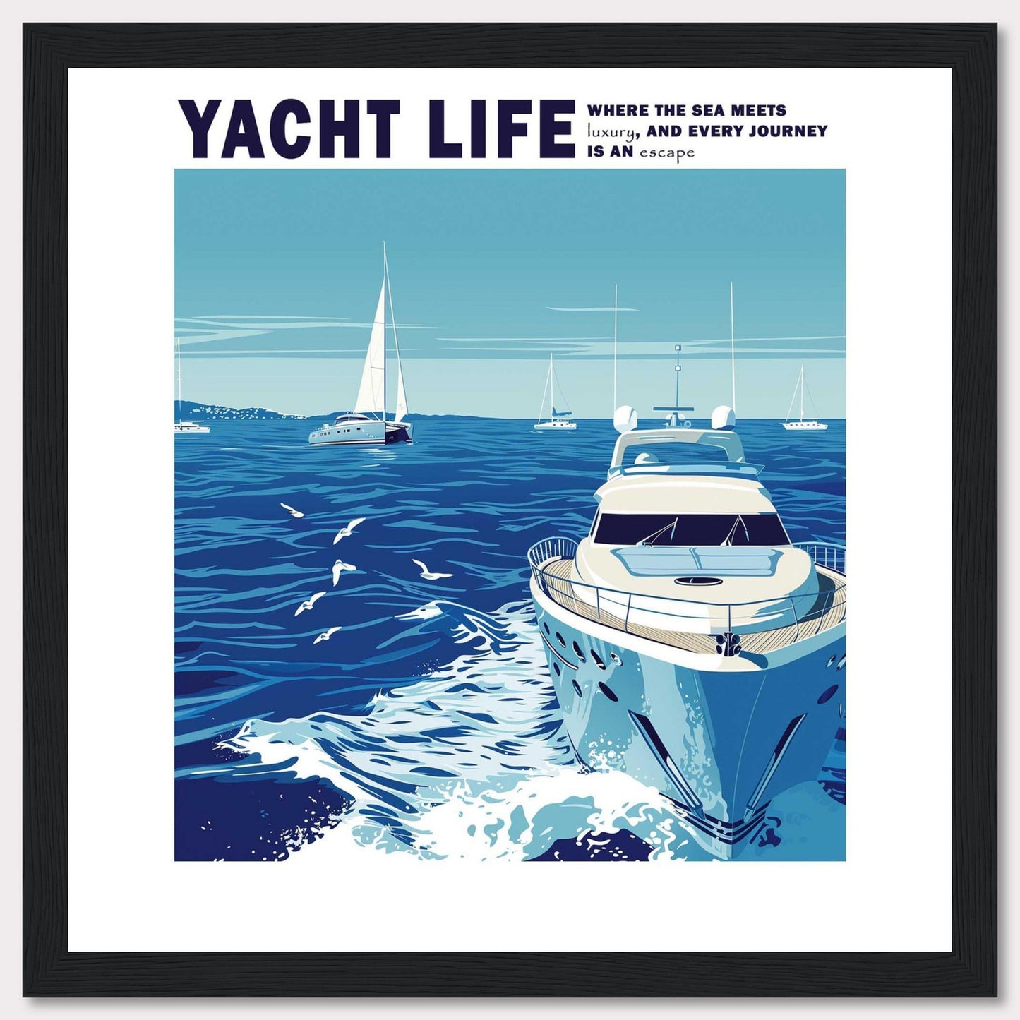 This captivating artwork depicts a serene ocean scene with luxurious yachts sailing under a clear blue sky. The image conveys a sense of tranquility and adventure, inviting viewers to imagine themselves embarking on a luxurious journey at sea.