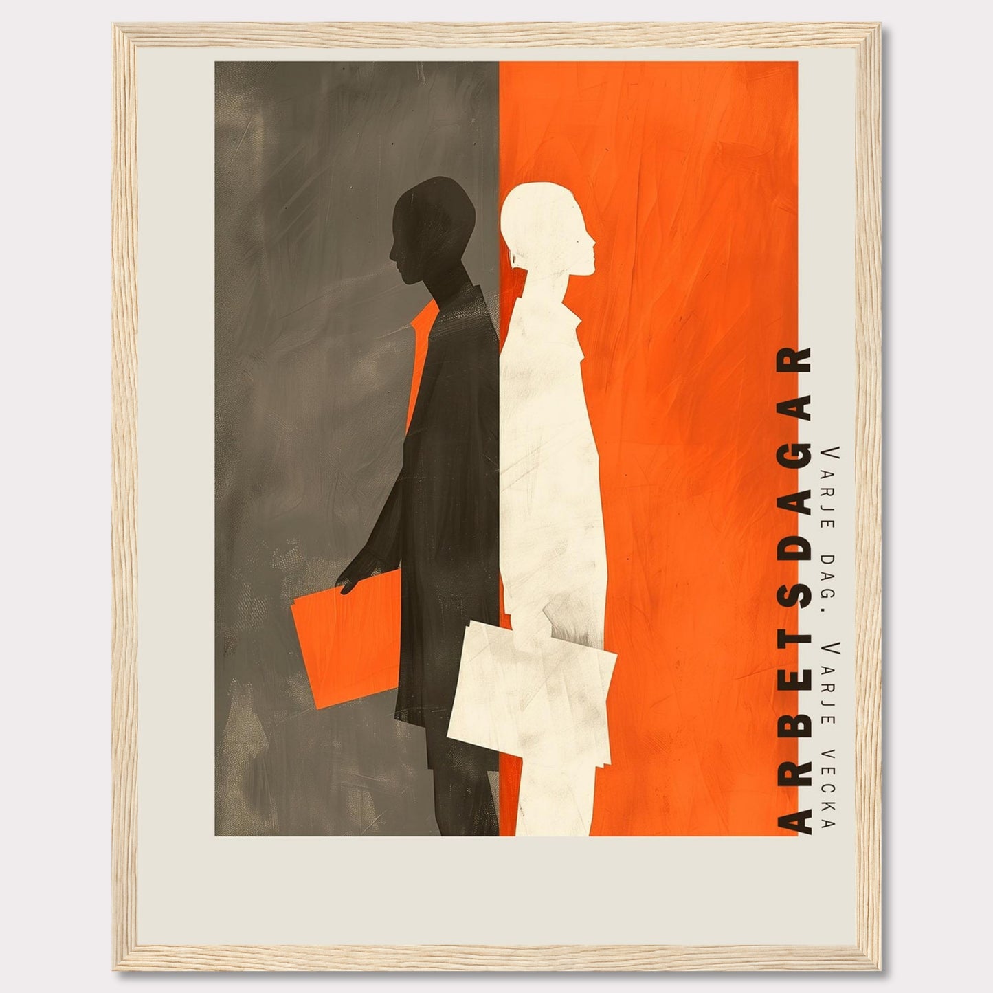 c0a4393a-af0c-43c0-b2f7-2ce2a58e21e3This striking artwork features two silhouetted figures, one in black and the other in white, standing back-to-back against a divided background of gray and orange. Both figures are holding documents, symbolizing work or business activities. The text "ARBETSDAGAR" is prominently displayed vertically on the right side, accompanied by the phrase "VARJE DAG - VARJE VECKA" below it.