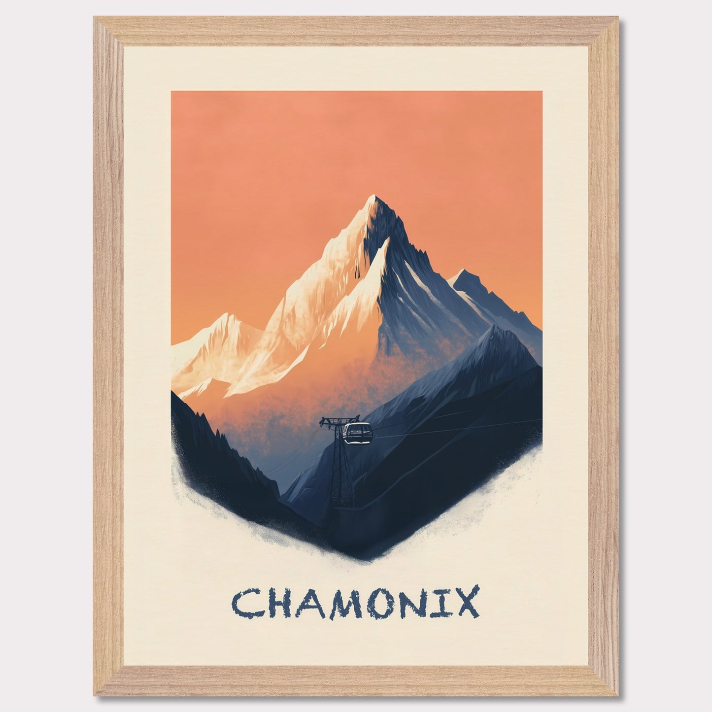 This breathtaking poster captures the rugged majesty of Chamonix, with the towering snow-capped peaks set against a warm, pastel sky. A cable car ascends through the mist, symbolizing adventure, exploration, and the timeless allure of the Alps.