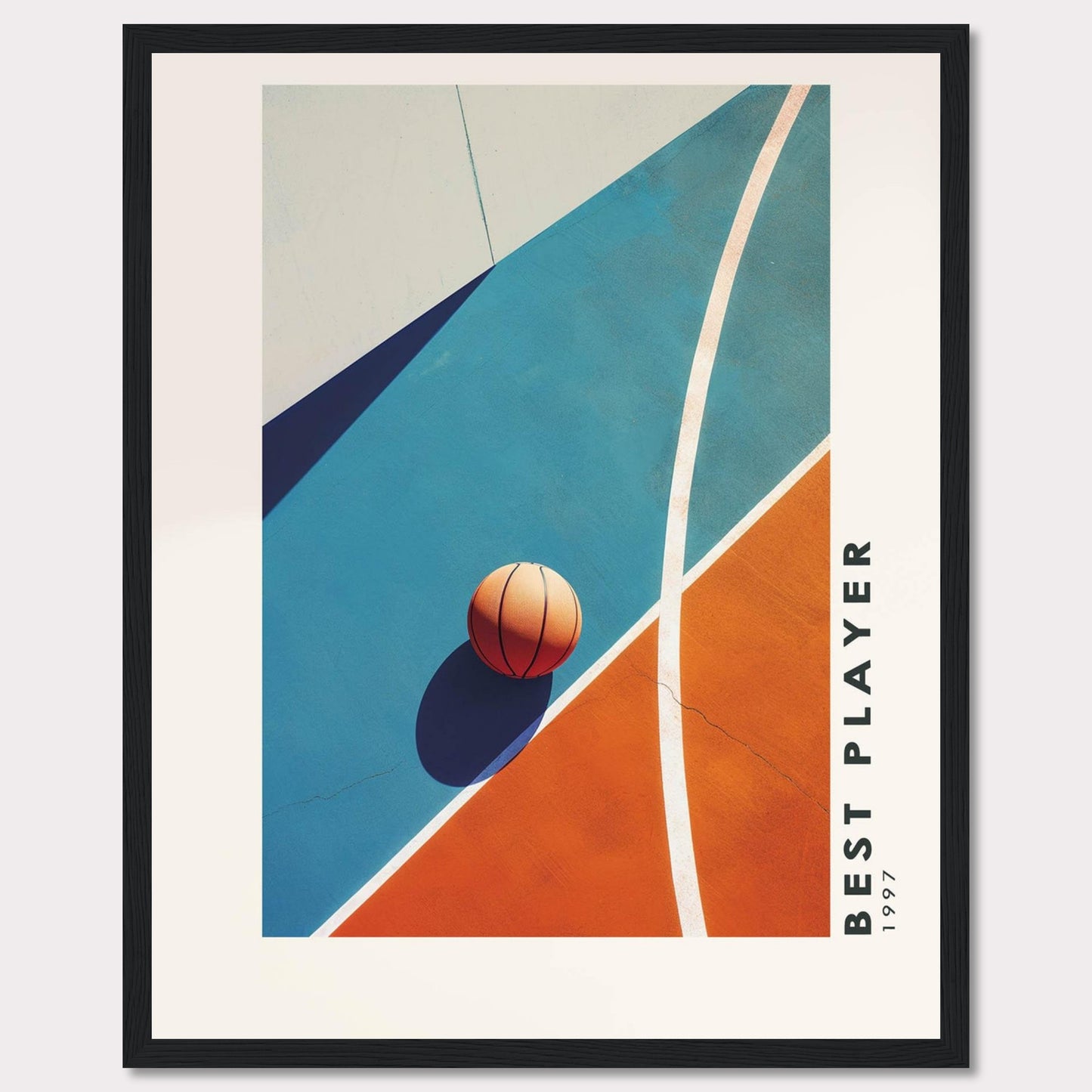 This striking poster features a basketball resting on a vibrant court, divided into bold blue and orange sections. The image is framed in black, with the text "BEST PLAYER 1997" vertically aligned on the right side.