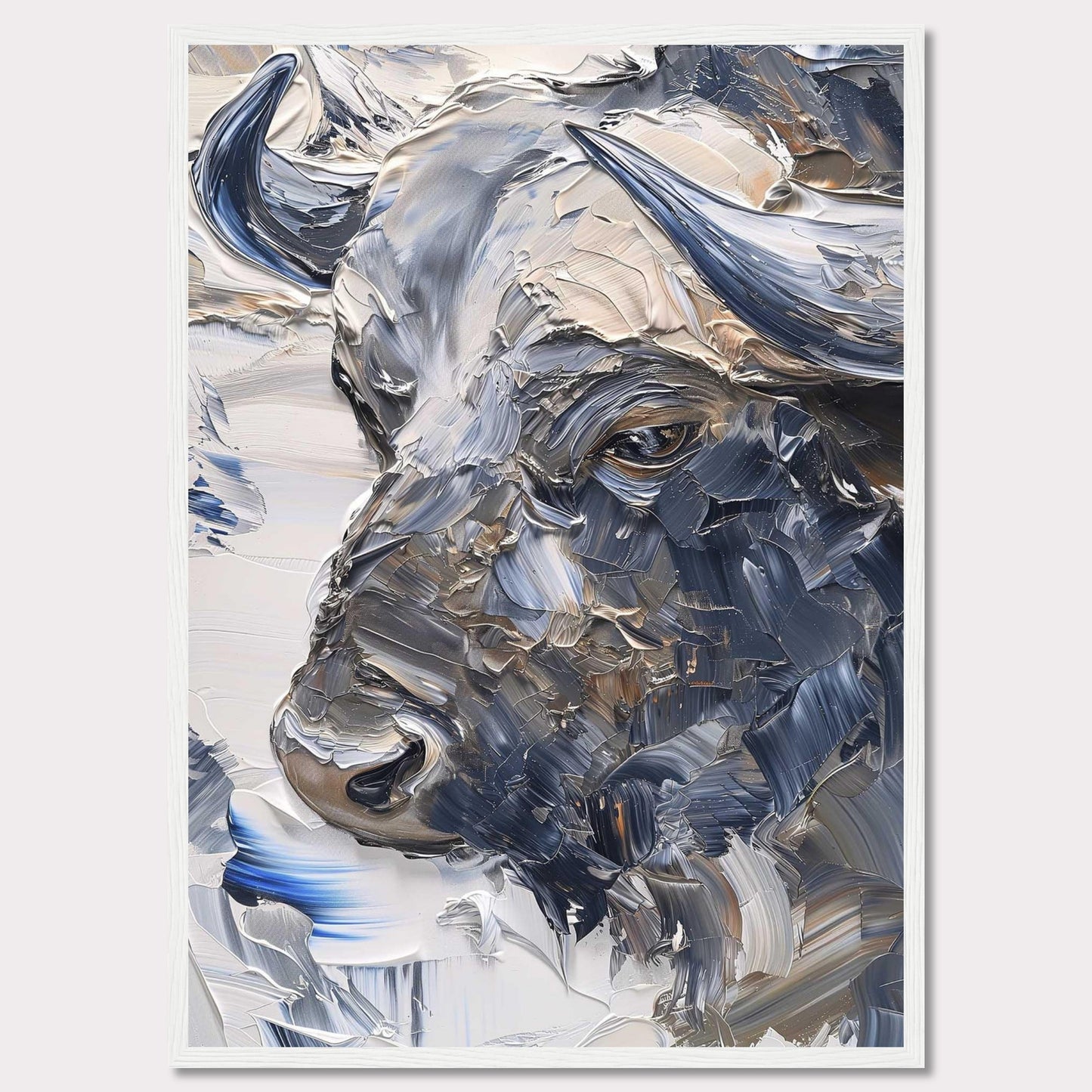 This stunning artwork captures the powerful essence of a bull through bold, textured brushstrokes. The painting's rich, earthy tones and dynamic use of color create a sense of strength and majesty.