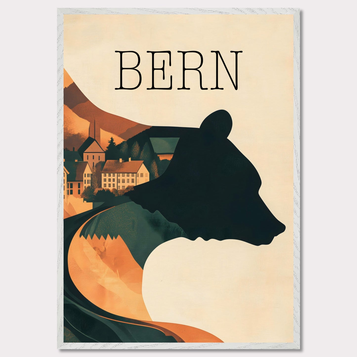 This minimalist travel poster captures the essence of Bern, Switzerland, with a flowing river winding through the city's historic heart. The design highlights the city's iconic medieval architecture, framed by the serene natural surroundings. The soft, muted tones evoke a sense of nostalgia and tranquility, making it a perfect representation of Bern’s timeless beauty.