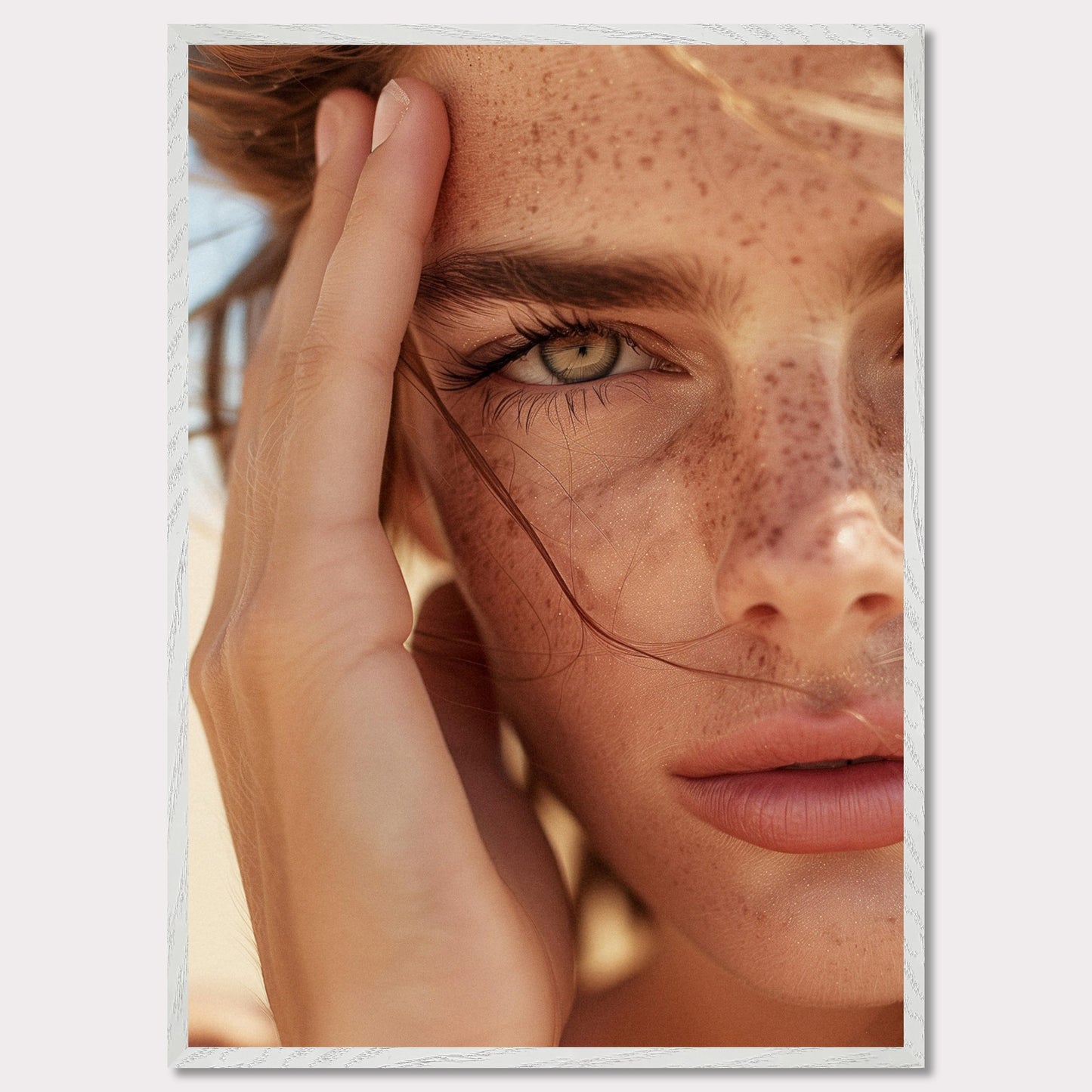 This captivating close-up portrait showcases the natural beauty of a person with freckles and an intense gaze.