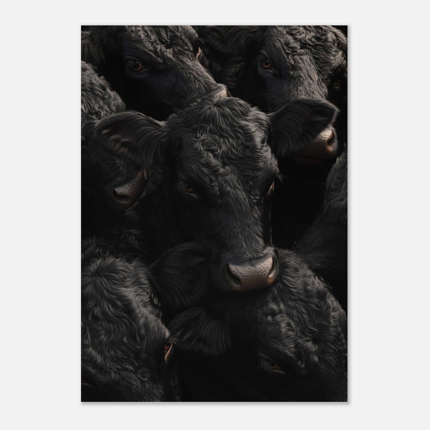 This captivating artwork features a close-up view of several black cows, their faces and textures intricately detailed. The image exudes a sense of unity and calmness among the animals.