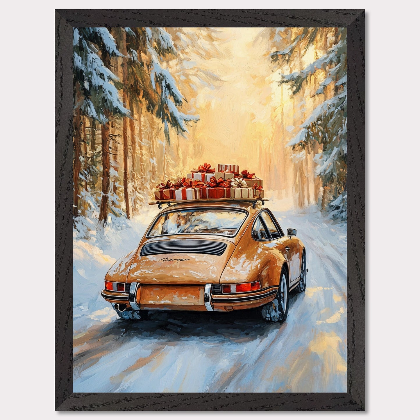 This festive poster showcases a yellow Porsche navigating a snow-covered path with holiday presents stacked on its roof. The warm glow from the trees lining the road creates a magical winter scene, while the "Merry Christmas" typography evokes the warmth and joy of the holiday season. The combination of sleek design and a peaceful winter landscape makes this a perfect holiday greeting.