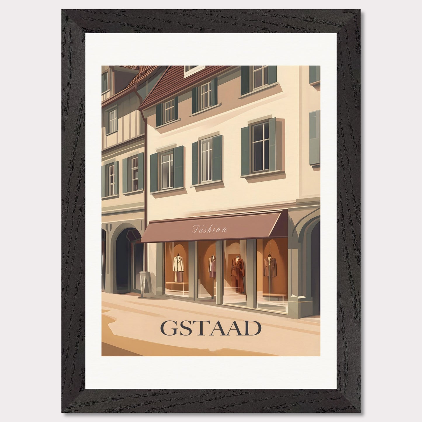 A stylish poster capturing the elegant shopping experience in Gstaad. The charming streets lined with high-end boutiques create an atmosphere of exclusivity and sophistication.