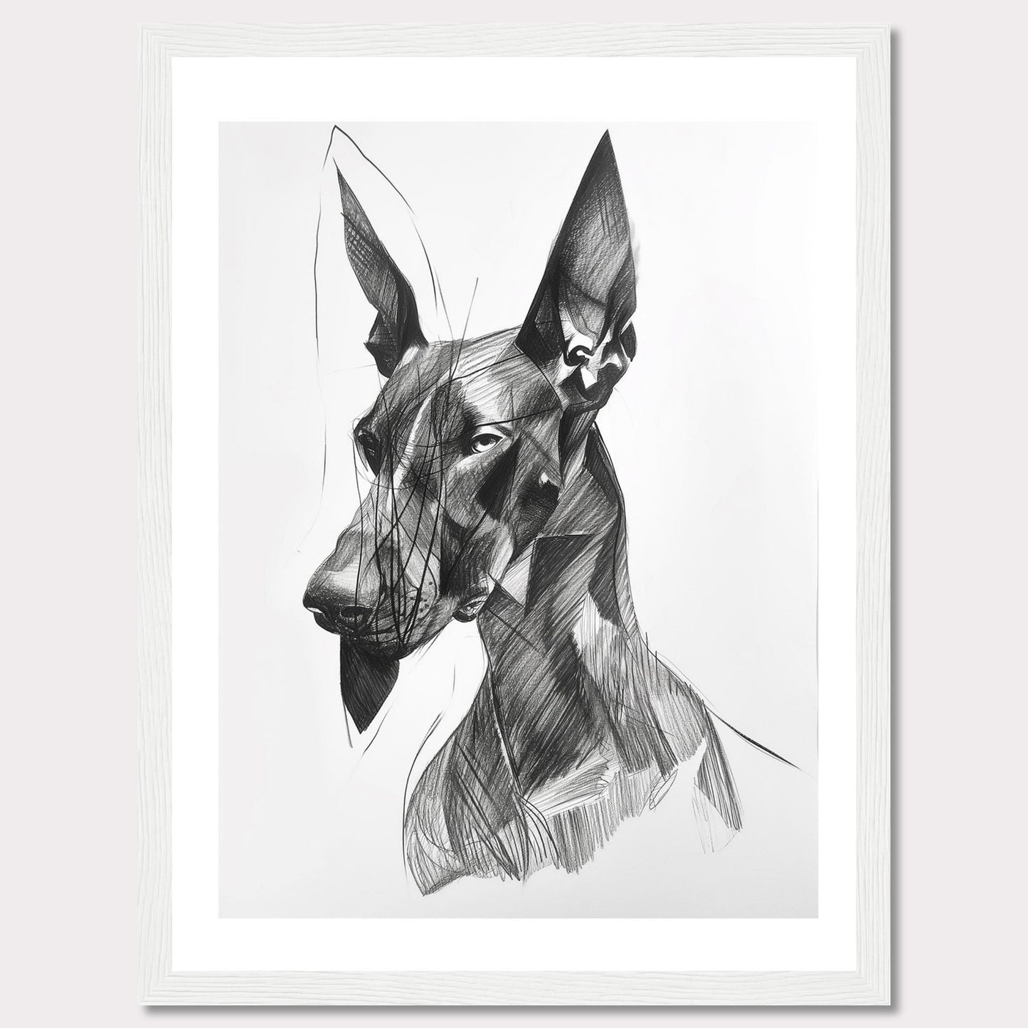 This captivating artwork features a detailed, abstract sketch of a dog, showcasing intricate lines and shading. The black and white composition highlights the dog's expressive eyes and strong features, creating a striking visual impact. The minimalist background emphasizes the subject, making it a perfect piece for modern decor.