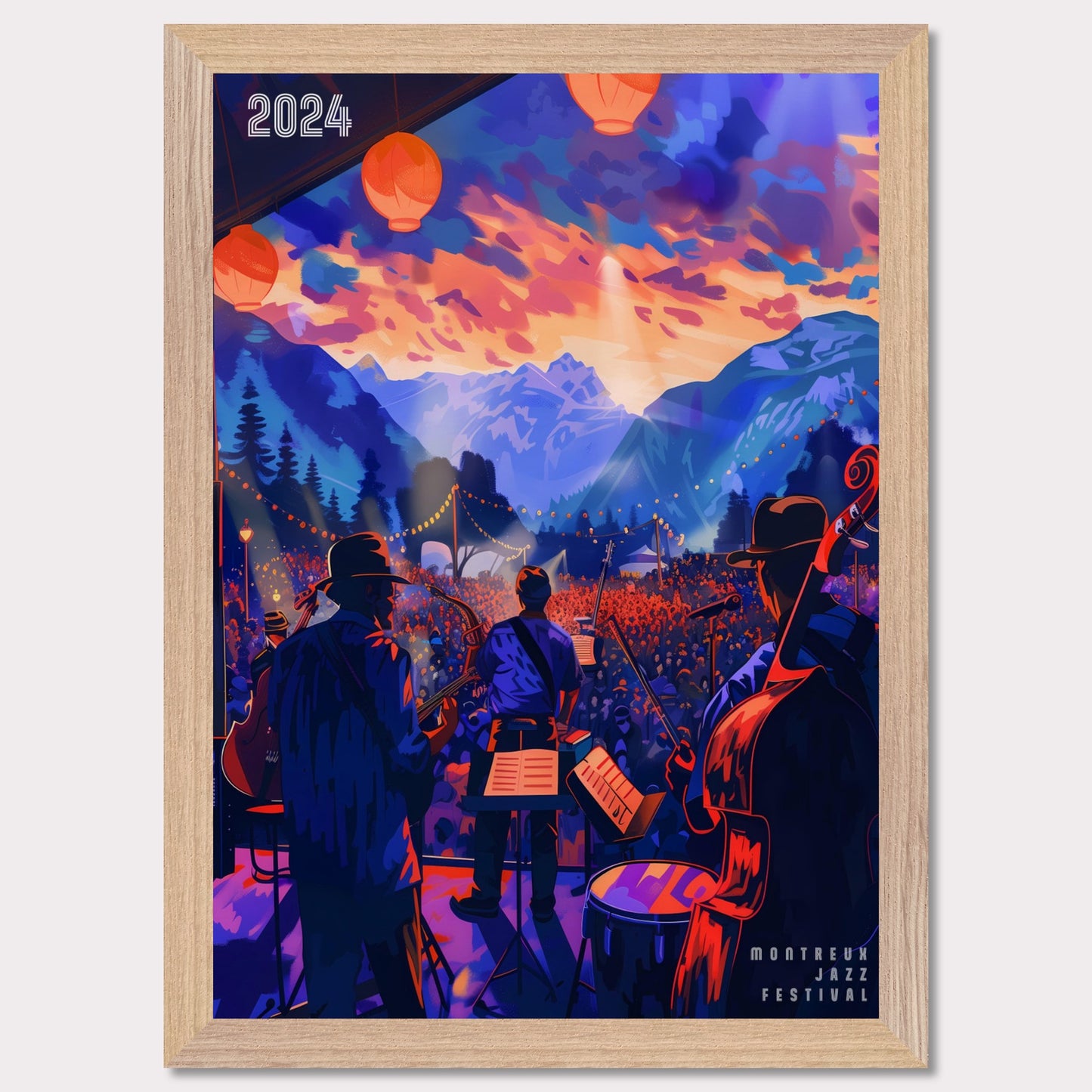 This vibrant poster depicts a lively jazz festival set against a stunning mountain backdrop. The scene is illuminated by colorful lanterns and features a band performing to a large, enthusiastic crowd. The sky is painted with dramatic hues of orange and purple, enhancing the festive atmosphere.