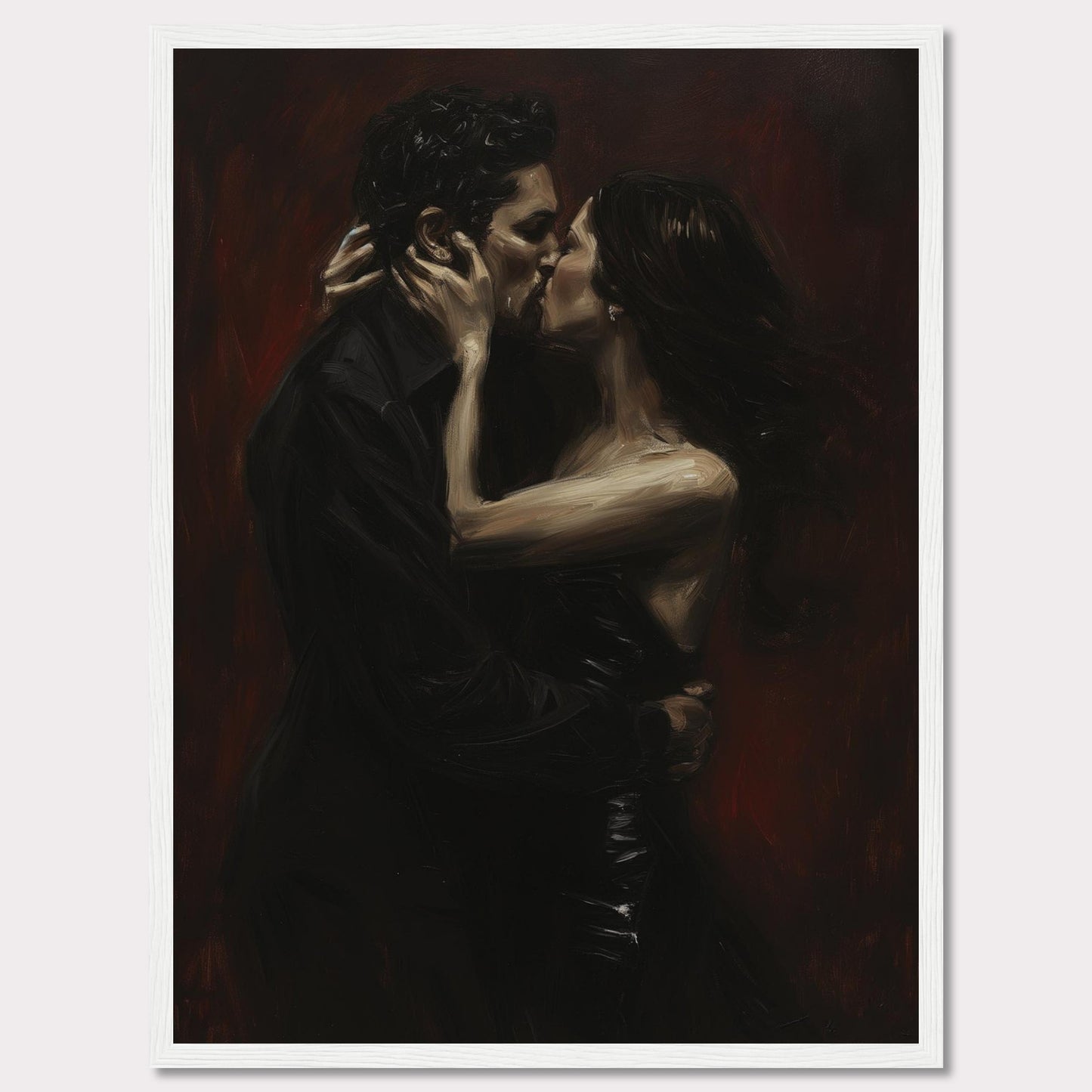 This evocative painting captures an intimate moment of a passionate kiss between two lovers. The dark, rich tones create a dramatic and romantic atmosphere.