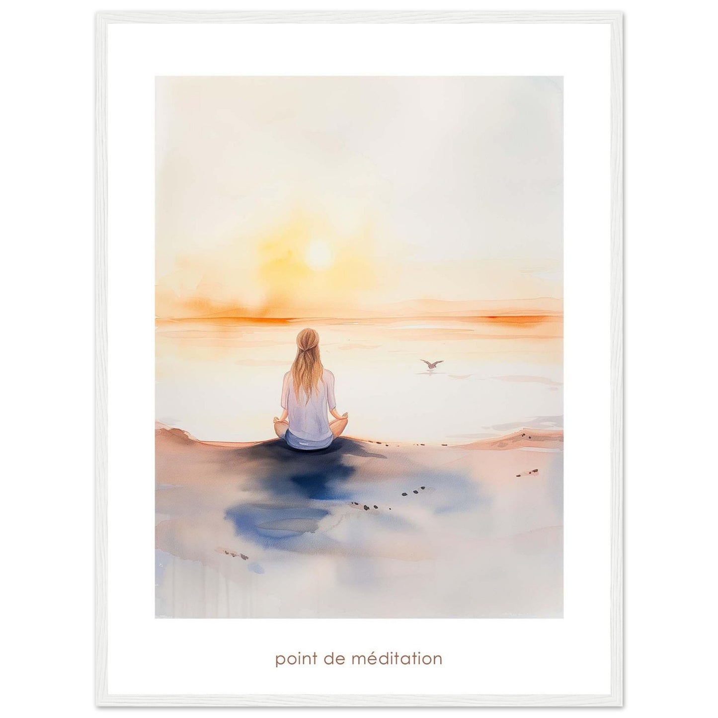 This serene artwork captures a tranquil moment of meditation by the sea at sunrise. A person sits cross-legged on the shore, facing the calming horizon as the sun rises, casting a warm glow over the water. A bird flies gracefully in the distance, adding to the peaceful ambiance. The soft colors and gentle brushstrokes evoke a sense of calm and introspection.