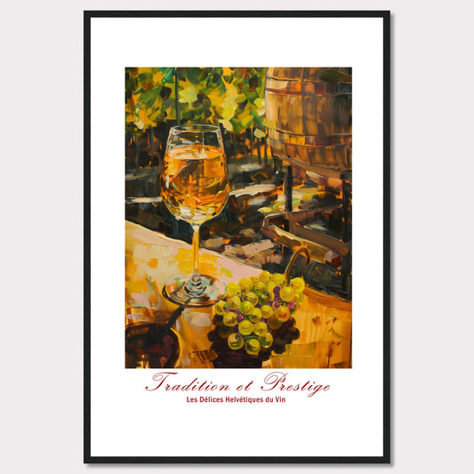 This image showcases a beautifully painted scene of a wine glass filled with white wine, set against a backdrop of a vineyard. The painting captures the essence of tradition and prestige in winemaking.