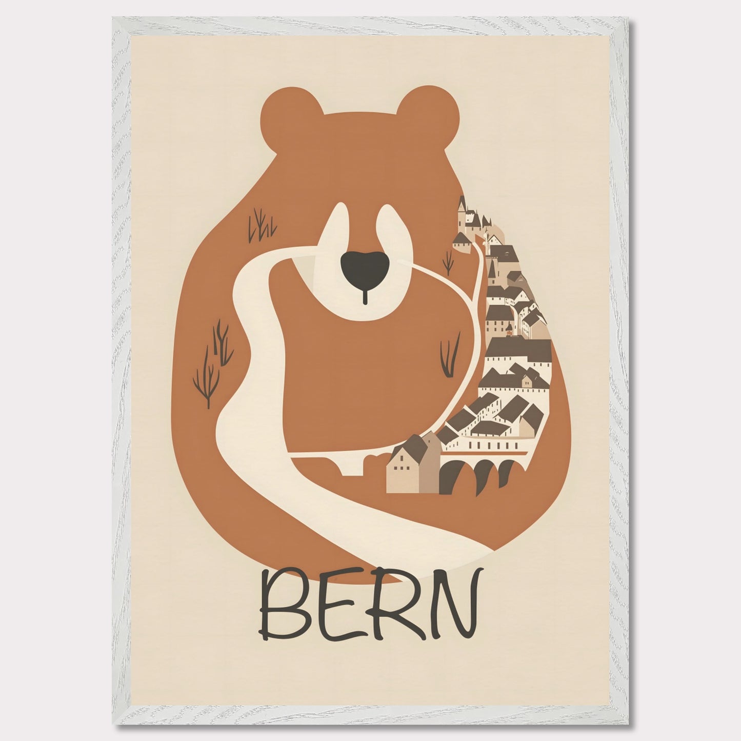 This charming poster features a stylized depiction of Bern, Switzerland, where the iconic bear—symbol of the city—seamlessly merges with the winding streets and historic architecture. The earthy tones and minimalist design evoke a sense of warmth and tradition, reflecting the city's rich history and natural surroundings.