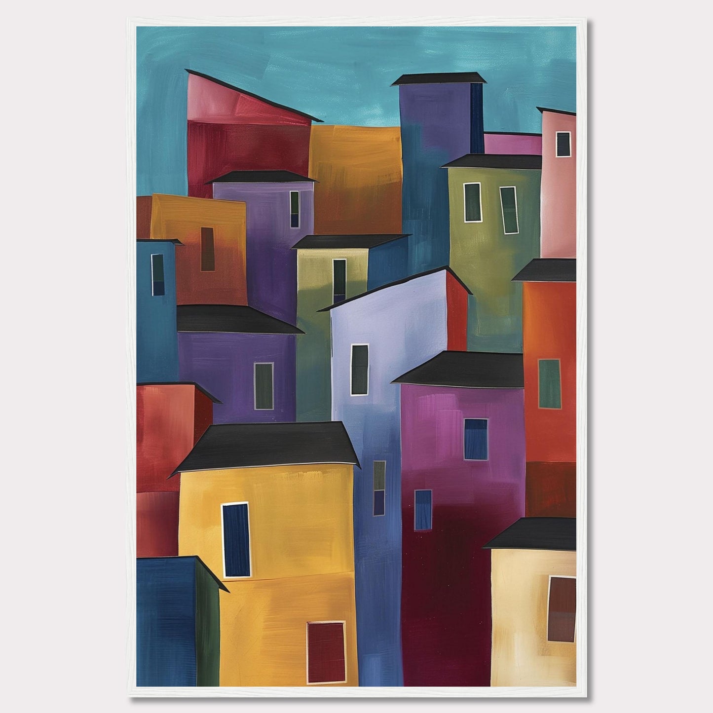 This vibrant painting features a colorful array of abstract buildings, each with unique hues and shapes, set against a serene blue sky. The bold use of colors and geometric forms creates a lively and dynamic cityscape.