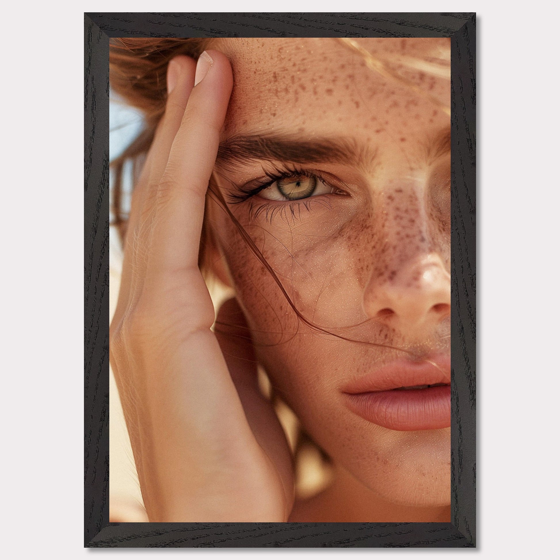 This captivating close-up portrait showcases the natural beauty of a person with freckles and an intense gaze.