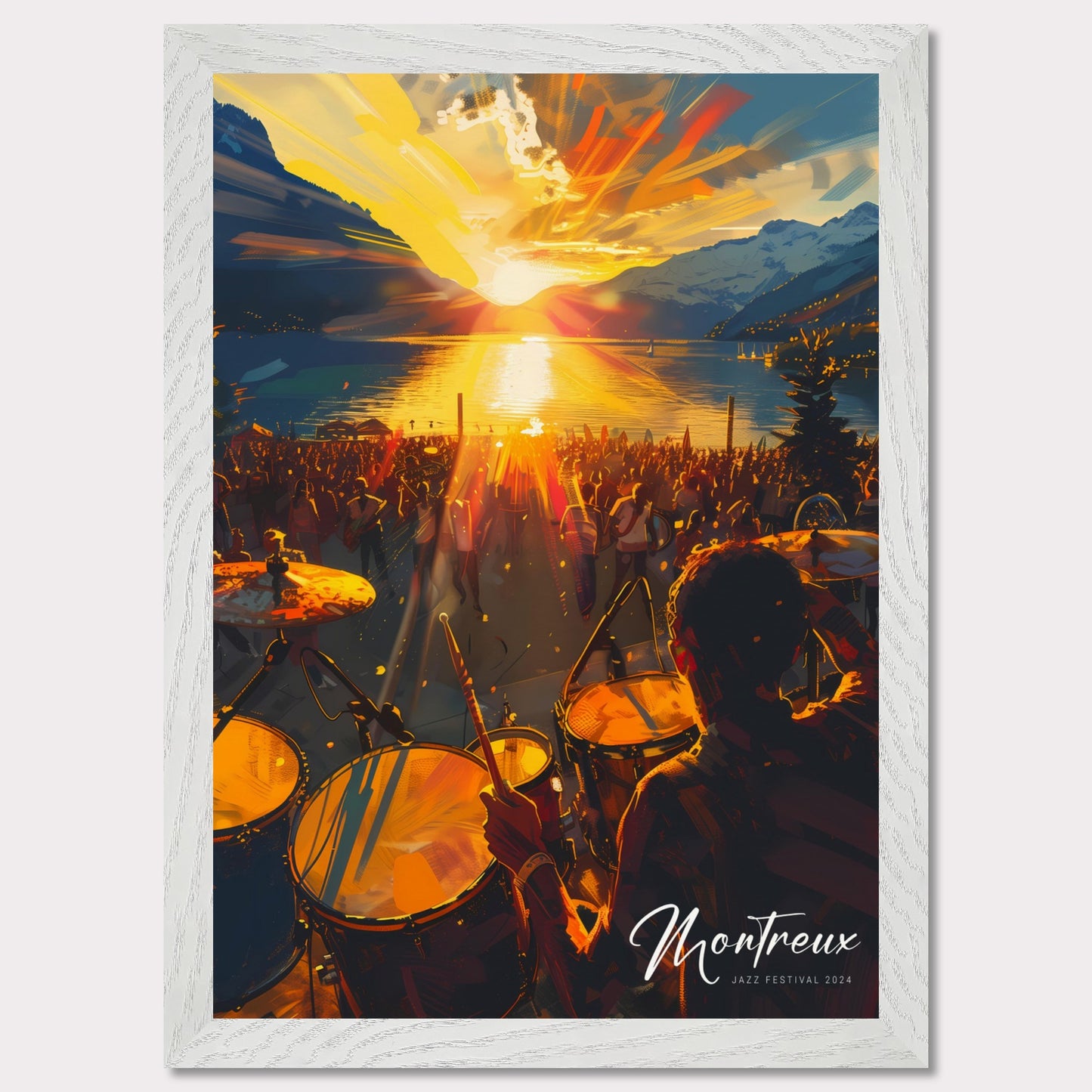 This vibrant image captures the essence of the Montreux Jazz Festival 2024. The scene is set at sunset, with a stunning view of the sun dipping below the horizon over a serene lake, surrounded by majestic mountains. A large crowd is gathered, immersed in the music, while a drummer plays energetically in the foreground.