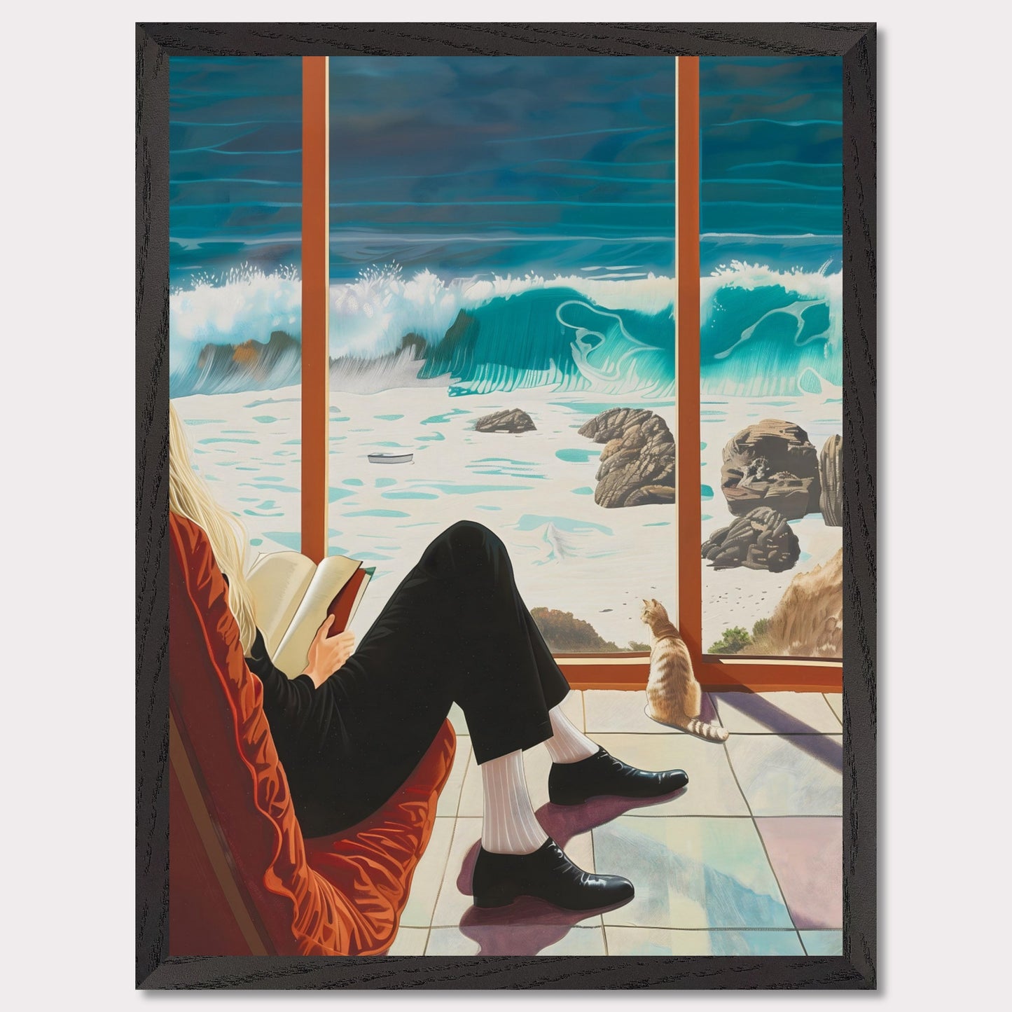 This captivating artwork depicts a serene scene where a person is sitting comfortably by a large window, reading a book. Outside, the ocean waves crash against the rocky shore, creating a mesmerizing view. A cat sits by the window, also gazing at the beautiful seascape.