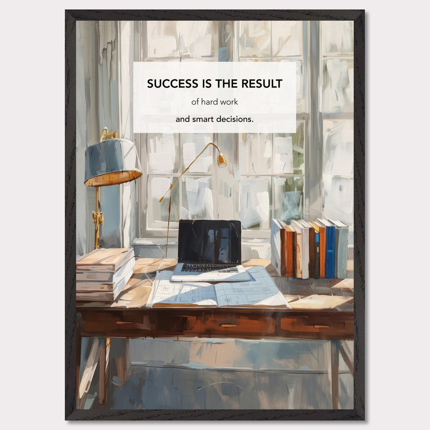 This inspiring poster showcases a serene and productive workspace bathed in natural light. The central message, "Success is the result of hard work and smart decisions," is prominently displayed.