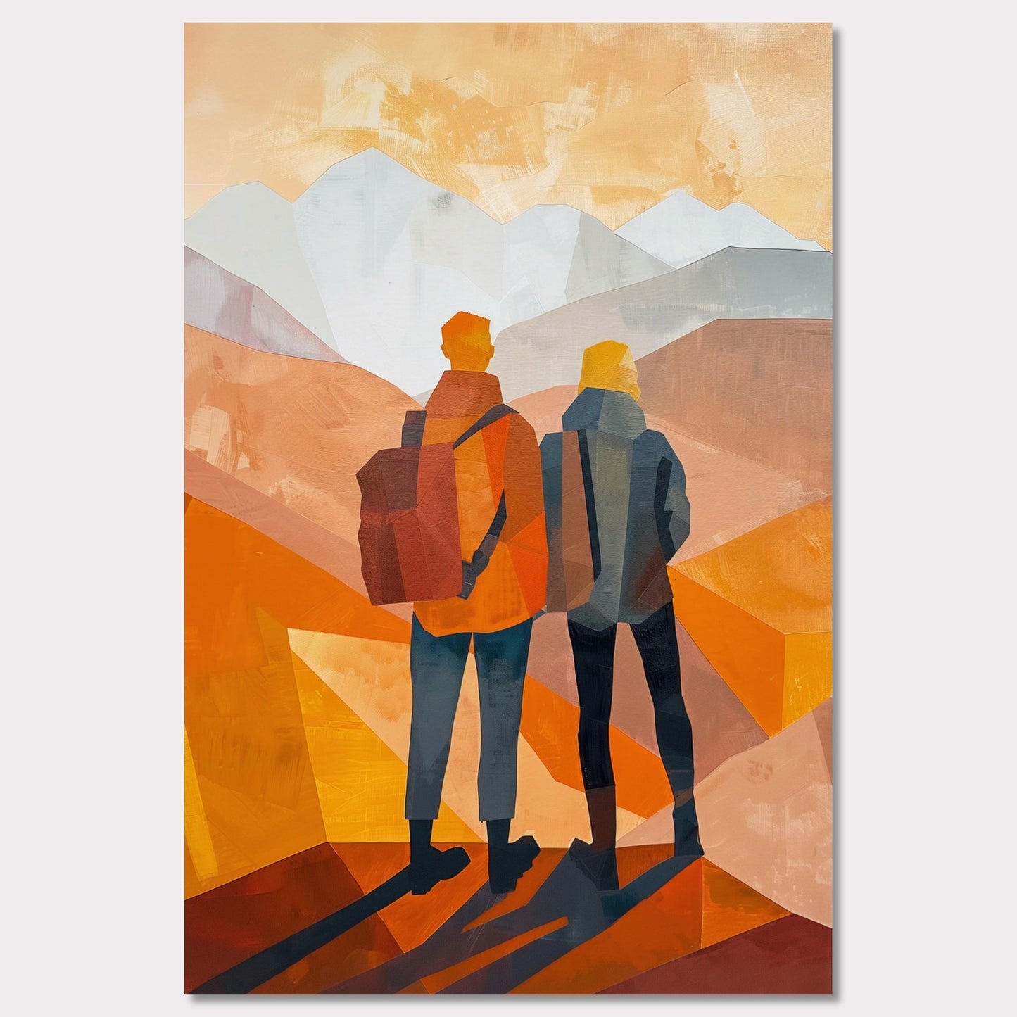 This illustration depicts two figures standing side by side, gazing at a mountainous landscape.