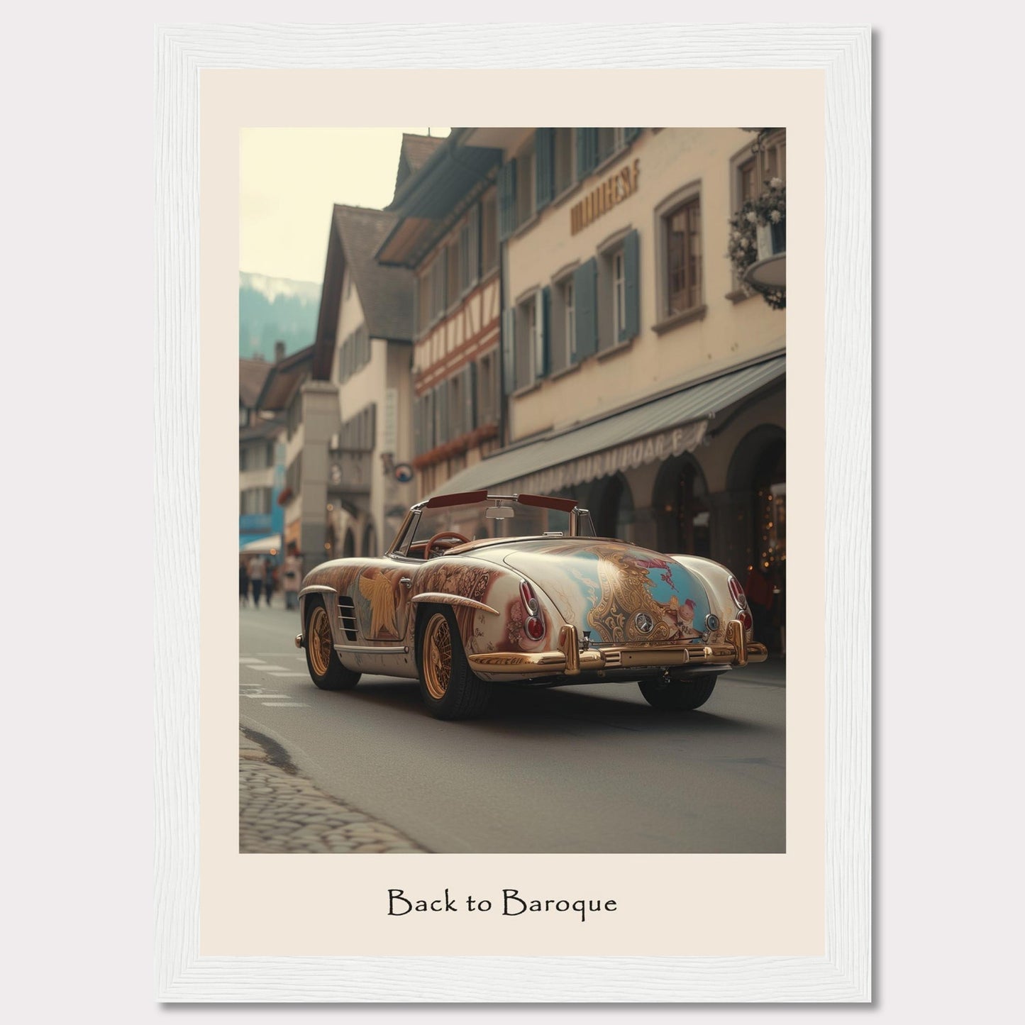 This captivating image showcases a vintage car adorned with intricate Baroque-style artwork, driving through a quaint European street lined with charming buildings. The scene is set against a backdrop of mountains, adding to the picturesque atmosphere.