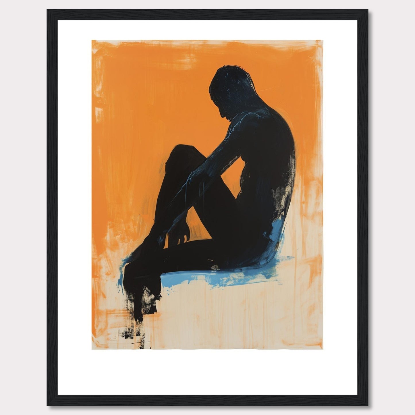 This striking artwork features a silhouette of a seated figure against a vibrant orange background, creating a powerful contrast. The figure is painted in dark tones with hints of blue, adding depth and emotion to the piece.