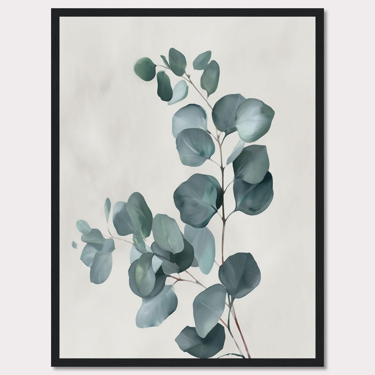 This image showcases a minimalist botanical artwork featuring eucalyptus leaves. The leaves are painted in soft, muted green tones against a light background, creating a serene and calming effect.