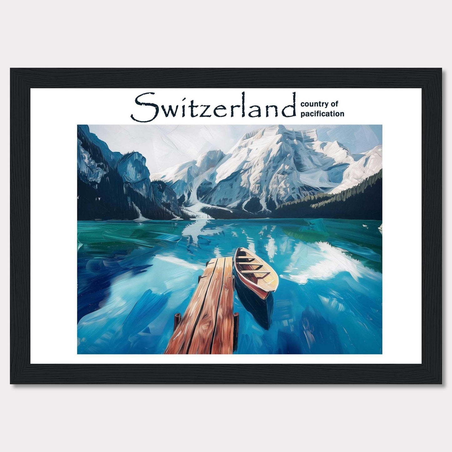 This image showcases a serene lake in Switzerland, surrounded by majestic snow-capped mountains. A wooden dock extends into the calm, reflective waters, where a lone boat is moored. The scene is tranquil and inviting, epitomizing the peacefulness of the Swiss landscape.