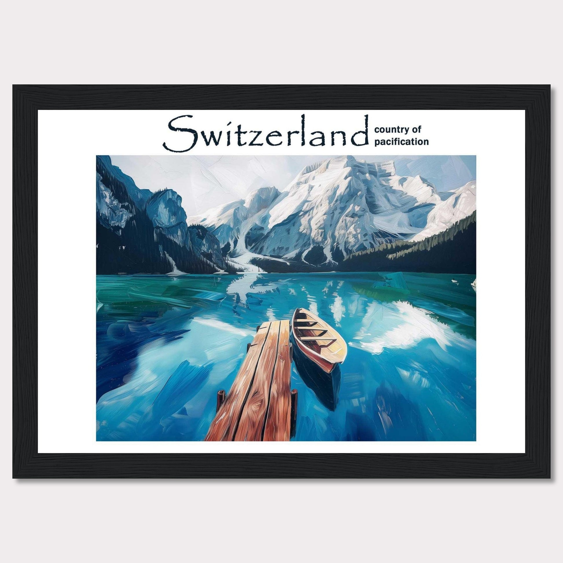 This image showcases a serene lake in Switzerland, surrounded by majestic snow-capped mountains. A wooden dock extends into the calm, reflective waters, where a lone boat is moored. The scene is tranquil and inviting, epitomizing the peacefulness of the Swiss landscape.