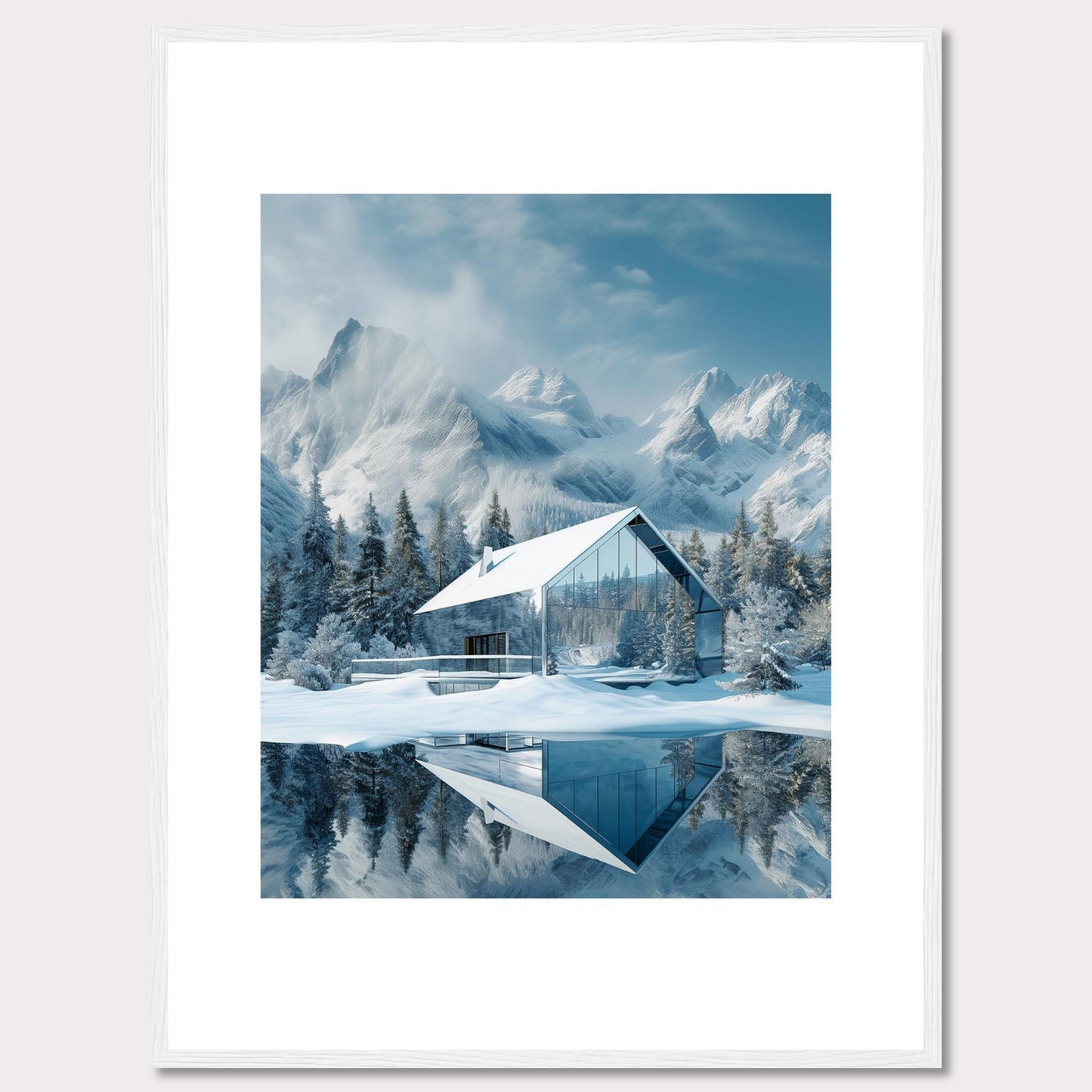 This stunning image showcases a modern glass house nestled in a serene snowy landscape, with majestic mountains in the background. The reflection of the house and trees on the calm water adds to the tranquil ambiance.