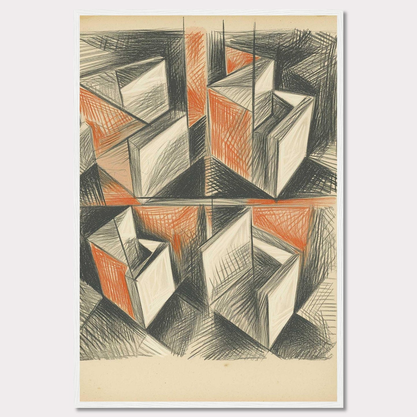 This artwork features an abstract geometric composition with intersecting shapes and lines. The use of black and orange tones creates a dynamic and intriguing visual effect.