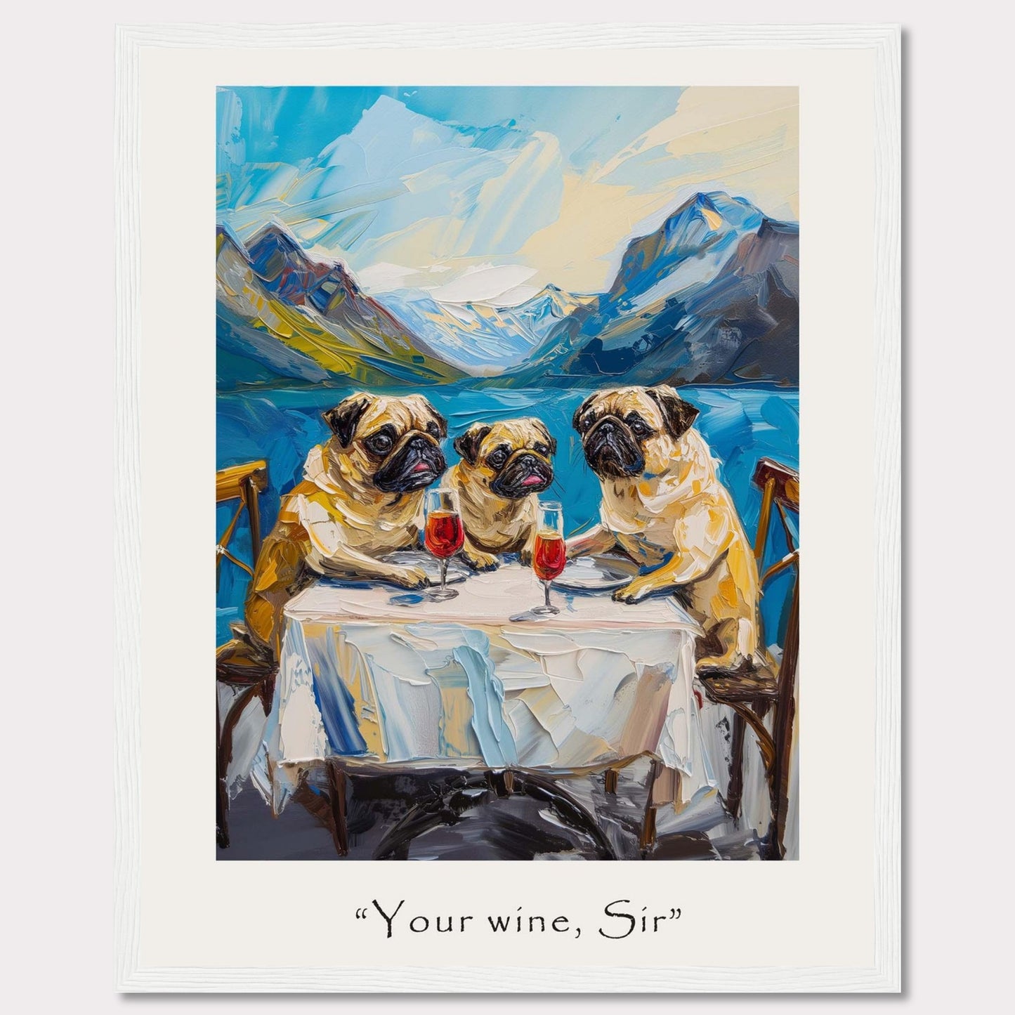 This whimsical painting depicts three pugs sitting at a table, each with a glass of red wine in front of them. The background showcases a stunning mountain landscape with a serene lake. The artwork is framed and includes the caption "Your wine, Sir" at the bottom.